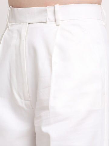 Women Viscose Lycra Parallel Single Pleated Trousers Solid Beige