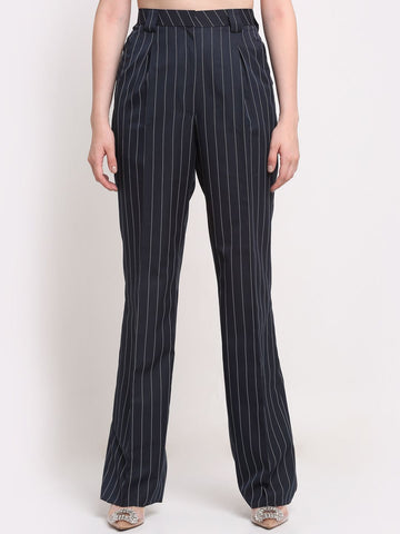 Women Striped Viscose Lycra Black trousers