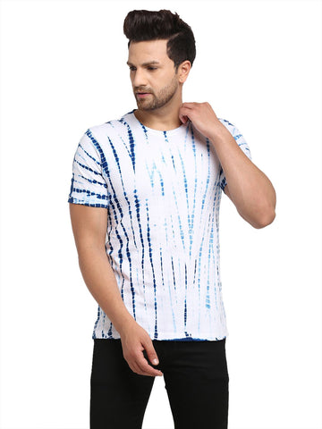 Linear Pattern, Men Combed Cotton Tie & Dye Blue  T-Shirt