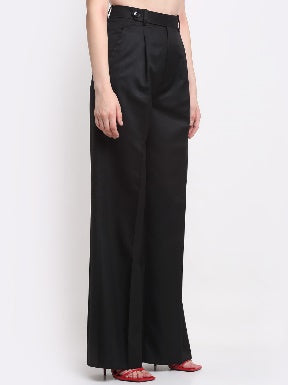Women Viscose Lycra Parallel Single Pleated Trousers Solid Black