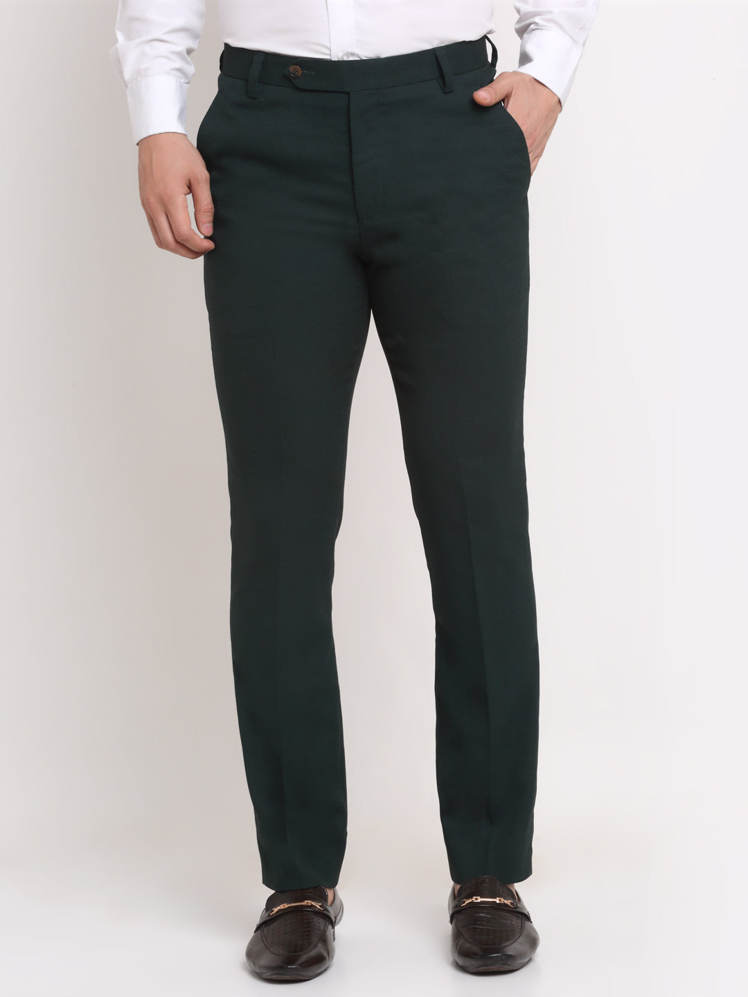 Men Green Texture Slim Fit Minimalistic Formal Trousers