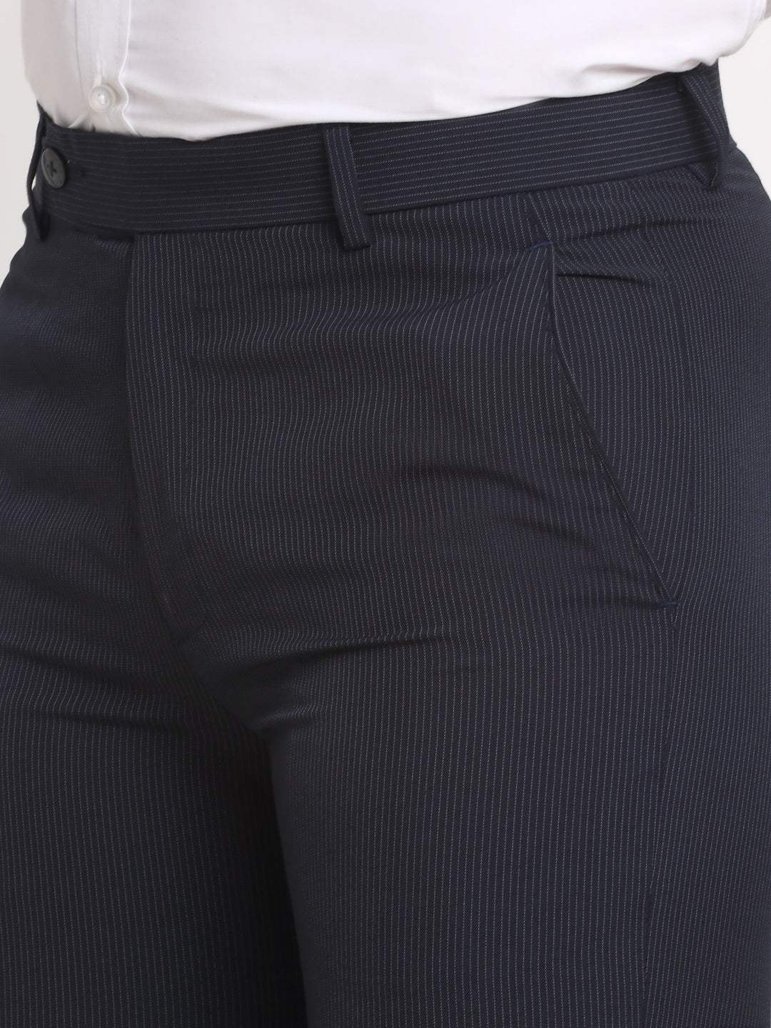 Men Blue Texture Slim Fit Minimalistic Formal Trousers
