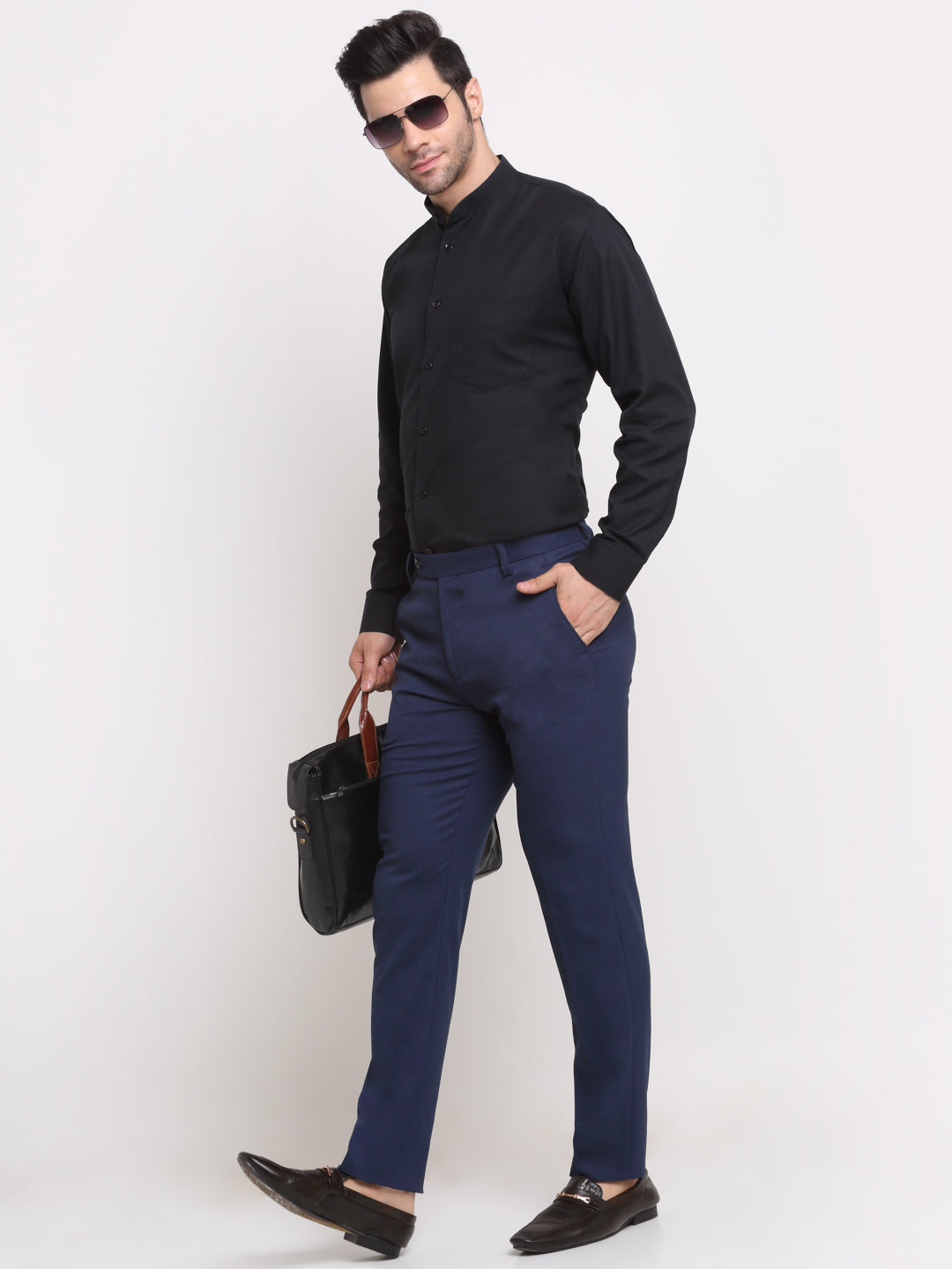Men Blue Texture Slim Fit Minimalistic Formal Trousers