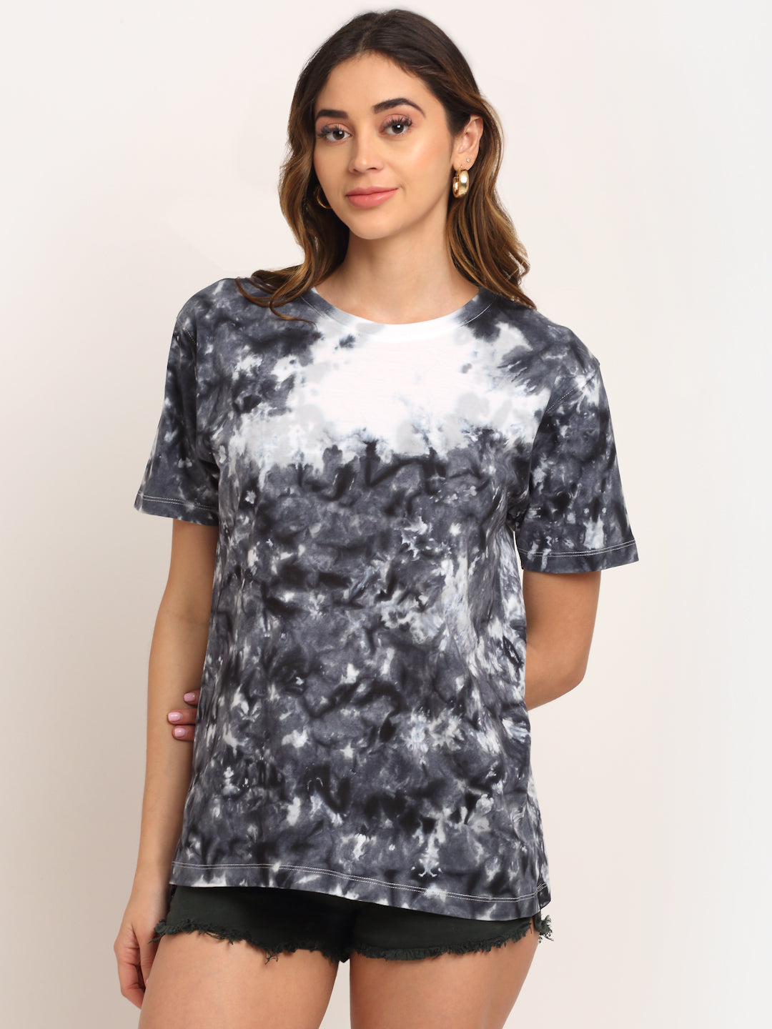Abstract Pattern, Women Combed Cotton Tie & Dye Grey T-Shirt
