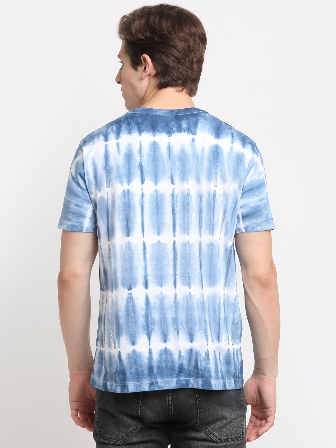 Check Pattern, Men Combed Cotton Tie & Dye Blue T-Shirt
