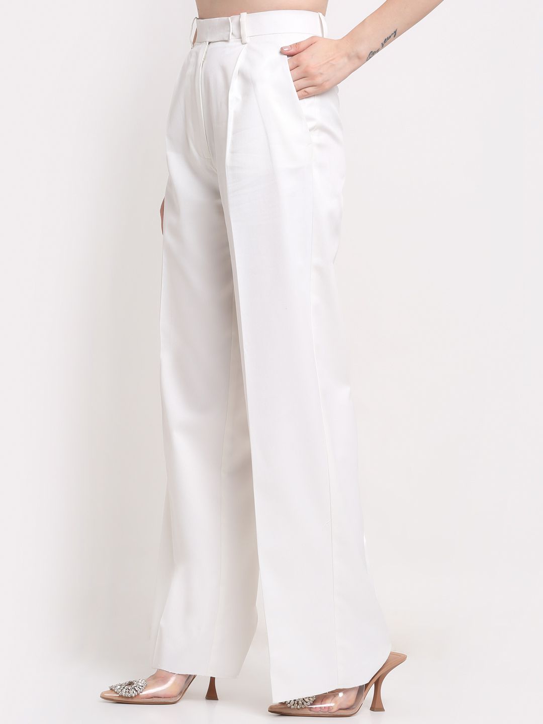 Women Viscose Lycra Parallel Single Pleated Trousers Solid Beige