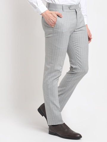 Men Light grey Striped slim fit checked formal trousers