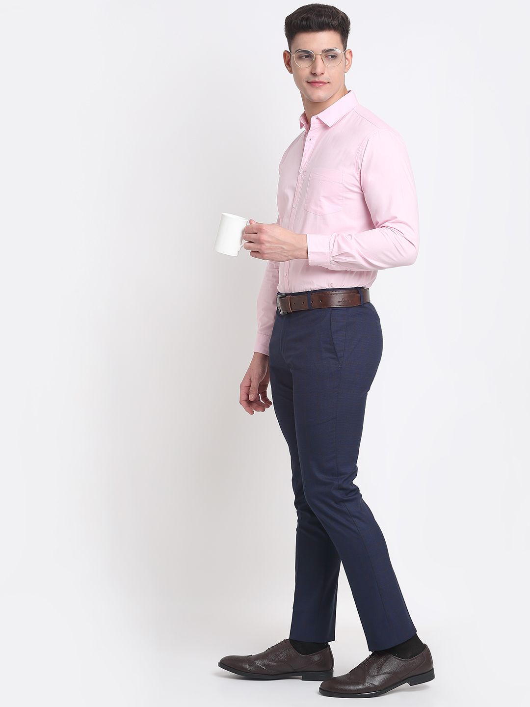 Men blue checked slim fit minimalistic formal trousers