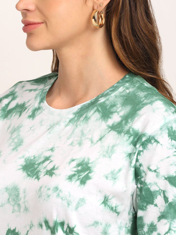 Abstract Pattern, Women Combed Cotton Tie & Dye Green T-Shirt