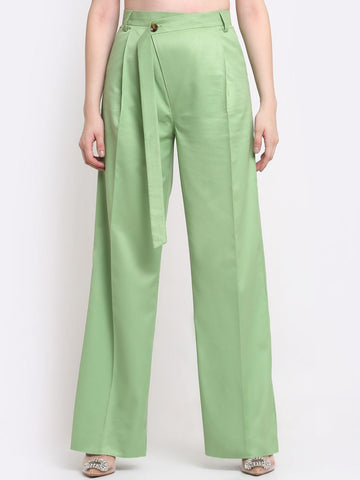 Women Viscose Lycra Parallel Single Pleated Solid Green trousers