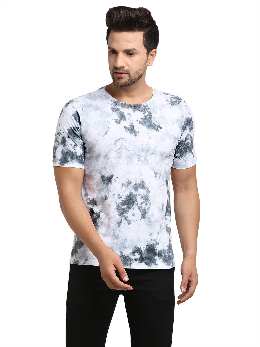 Patchy Pattern, Men Combed Cotton Tie & Dye Grey T-Shirt