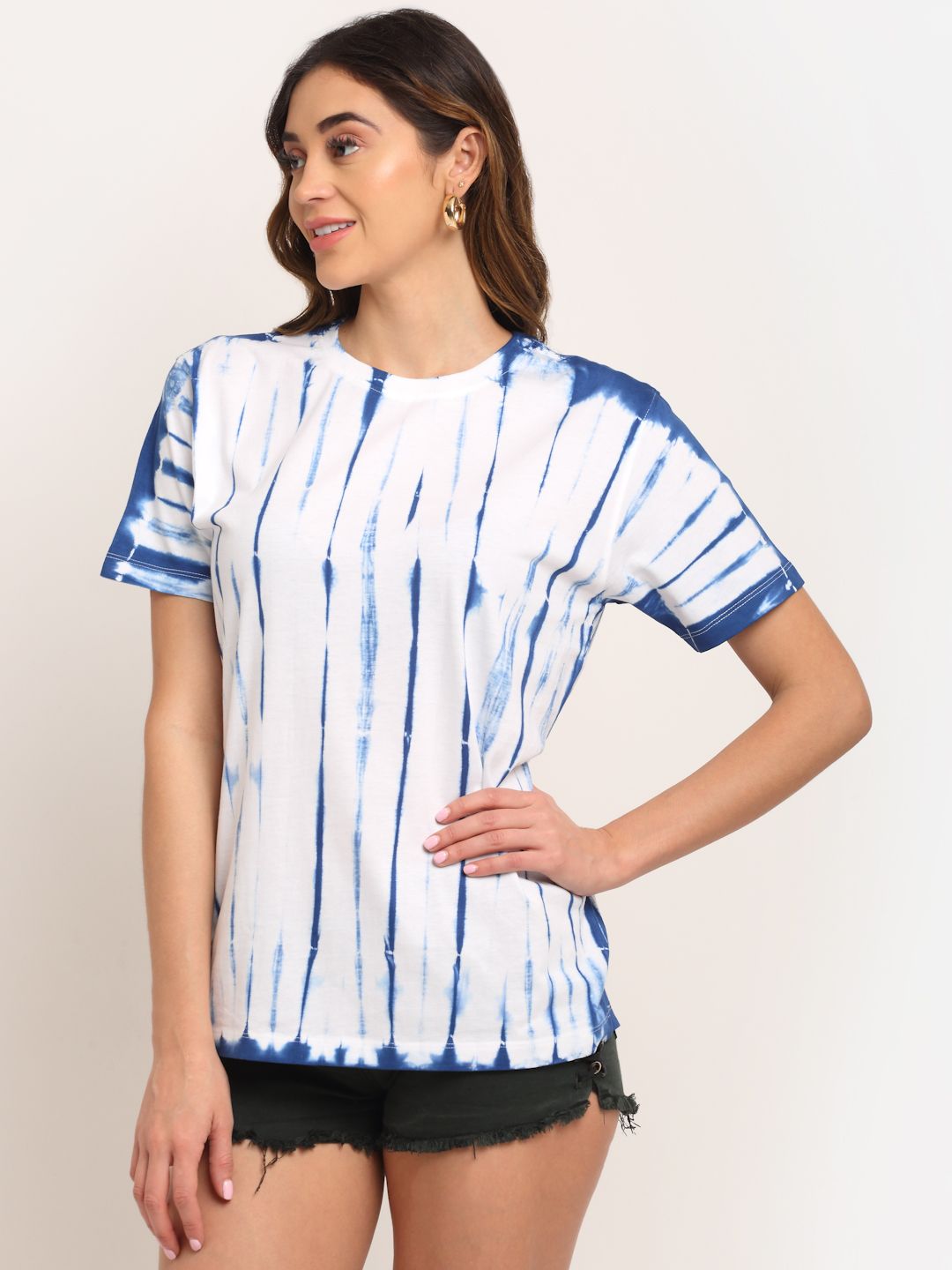 Linear Pattern, Women Combed Cotton Tie & Dye Blue T-Shirt