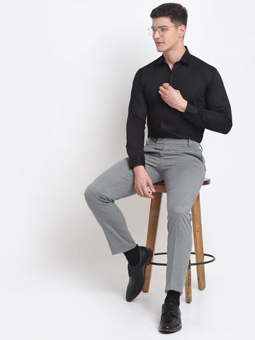 Men mid grey herringbone slim fit minimalistic formal trousers