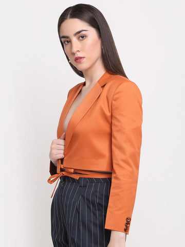Women Viscose Lycra Solid Orange Blazer