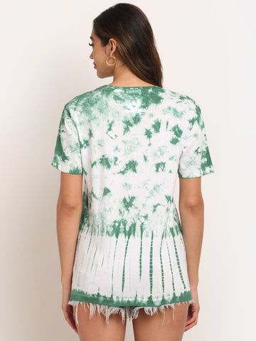 Abstract Pattern, Women Combed Cotton Tie & Dye Green T-Shirt