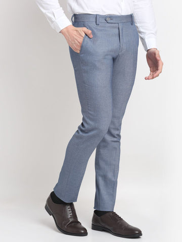 Men blue bird-eye, slim fit minimalistic formal trousers