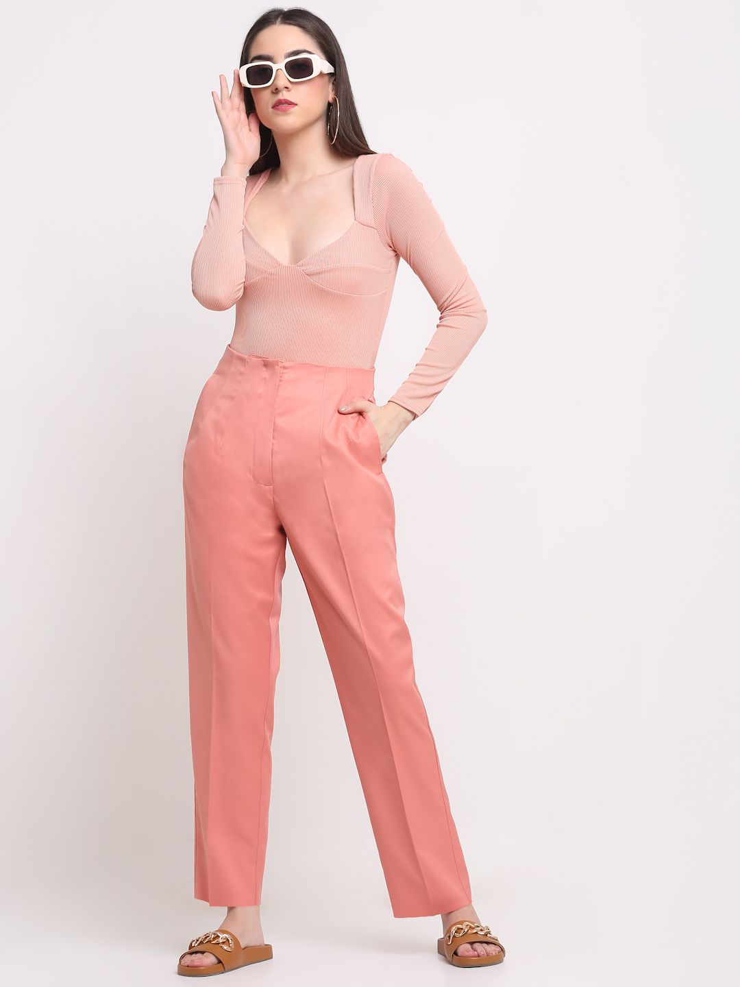 Women Viscose Lycra Solid Peach trousers