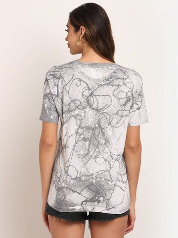 Abstract Pattern, Women Combed Cotton Tie & Dye Grey T-Shirt