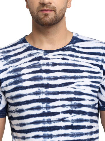 Horizontal Pattern, Men Combed Cotton Tie & Dye Blue T-Shirt