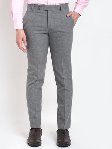Men grey checked slim fit minimalistic formal trousers