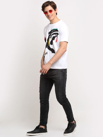 Printed Pattern, Men Combed Cotton White T-Shirt