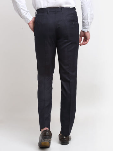 Men checked blue slim fit minimalistic formal trousers