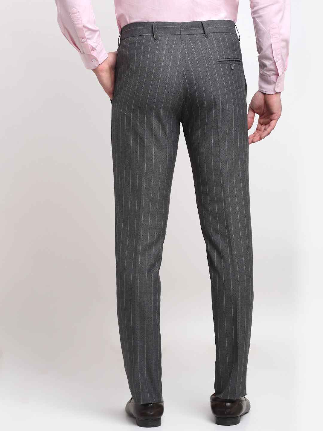 Men charcoal grey Striped slim fit checked formal trousers