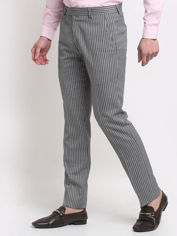 Men charcoal grey striped, slim fit stripped formal trousers