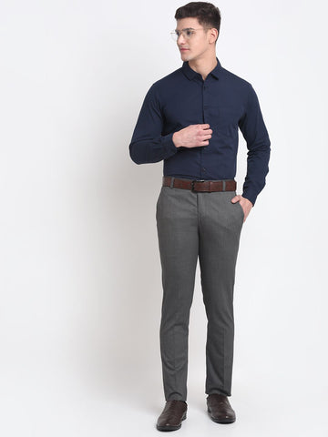 Men grey melange slim fit minimalistic formal trousers