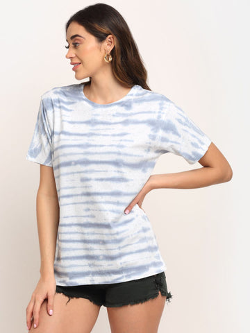 Horizontal Pattern, Women Combed Cotton Tie & Dye Grey T-Shirt