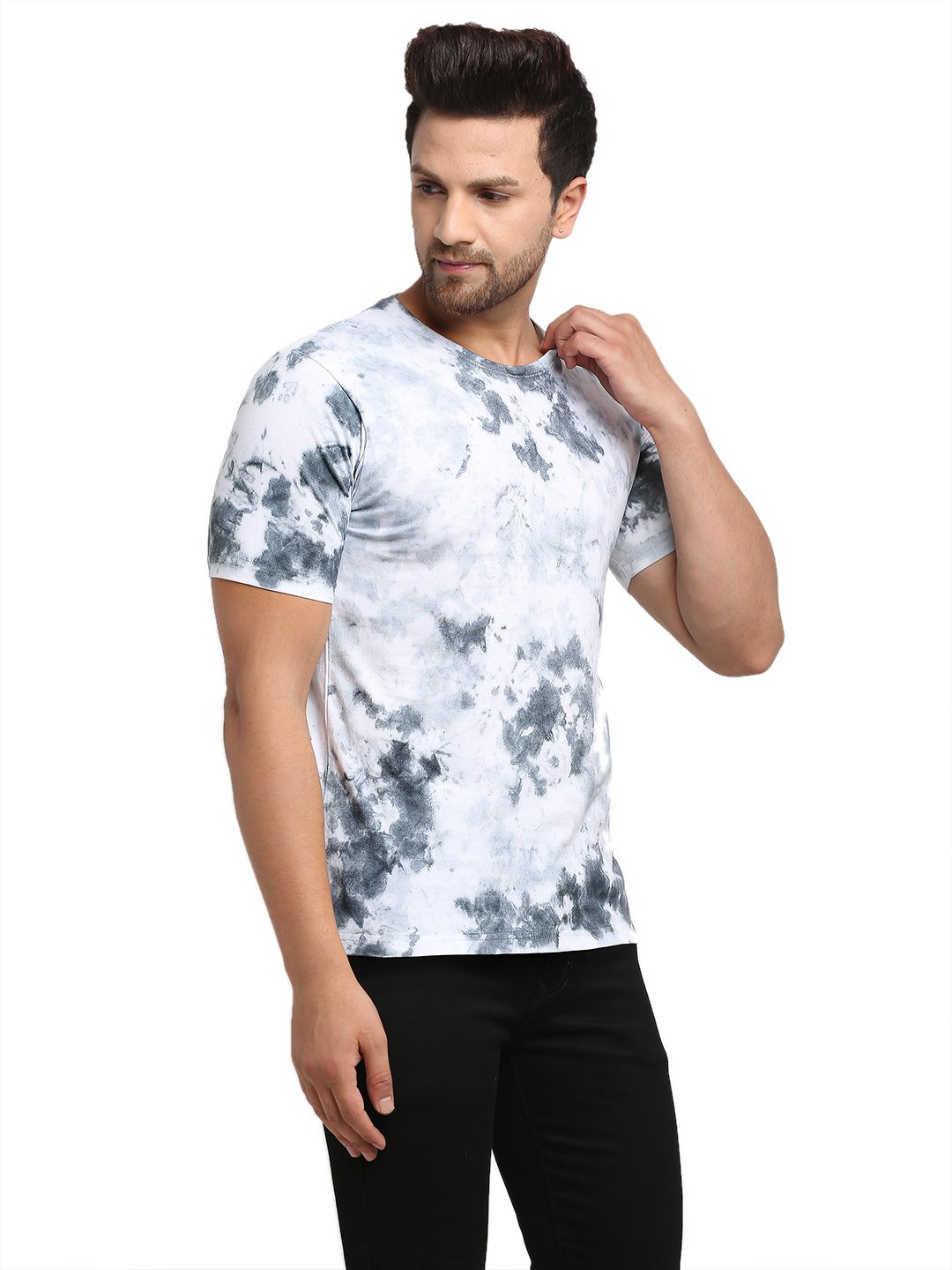 Patchy Pattern, Men Combed Cotton Tie & Dye Grey T-Shirt