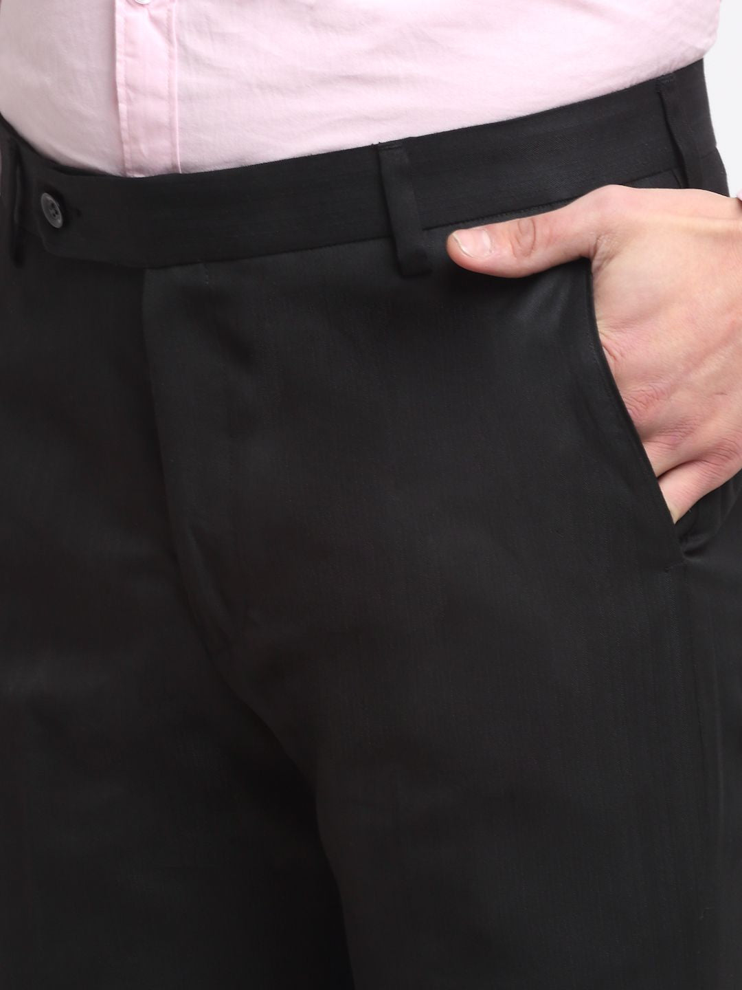 Men black herringbone slim fit minimalistic formal trousers