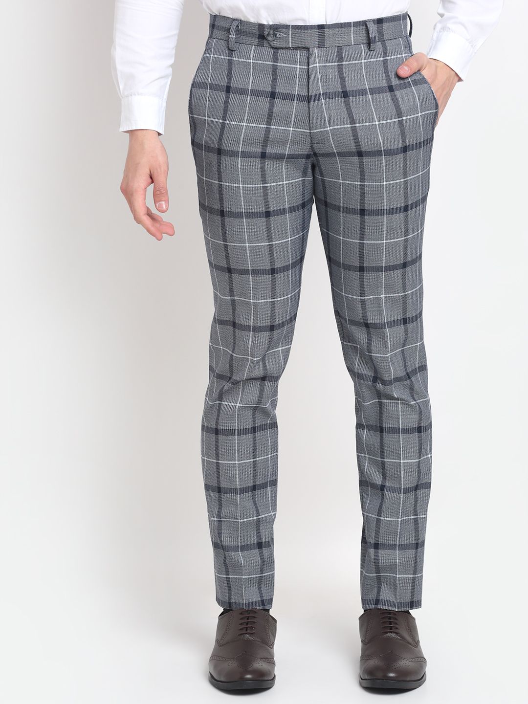 Men blue checked slim fit checked formal trousers