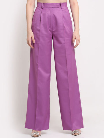 Women Viscose Lycra Parallel Single Pleated Trousers Solid Purple