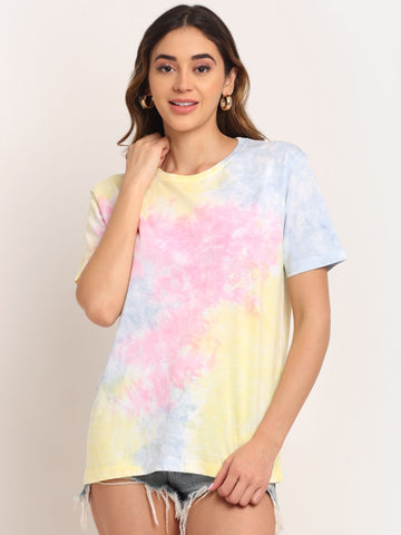 Abstract Pattern, Women Combed Cotton Tie & Dye Multicoloured T-Shirt