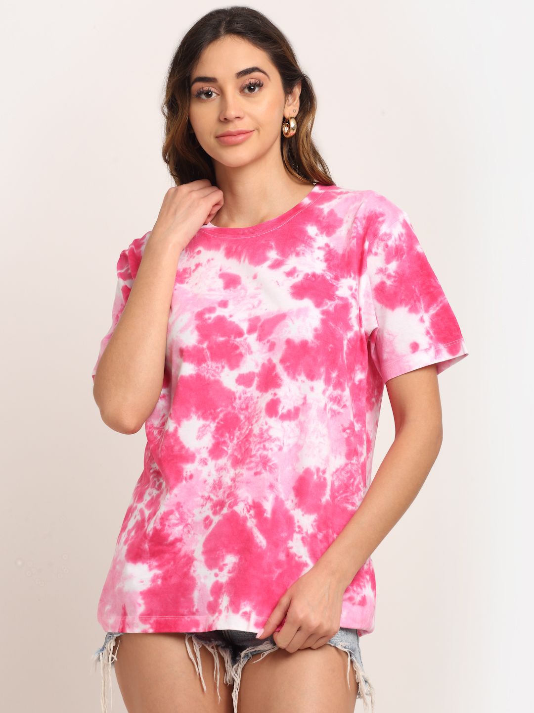 Abstract Pattern, Women Combed Cotton Tie dye pink T-Shirt