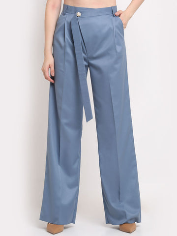 Women Viscose Lycra Parallel Single Pleated Solid Blue trousers