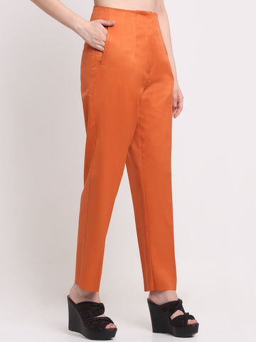 Women Viscose Lycra Solid Orange trousers
