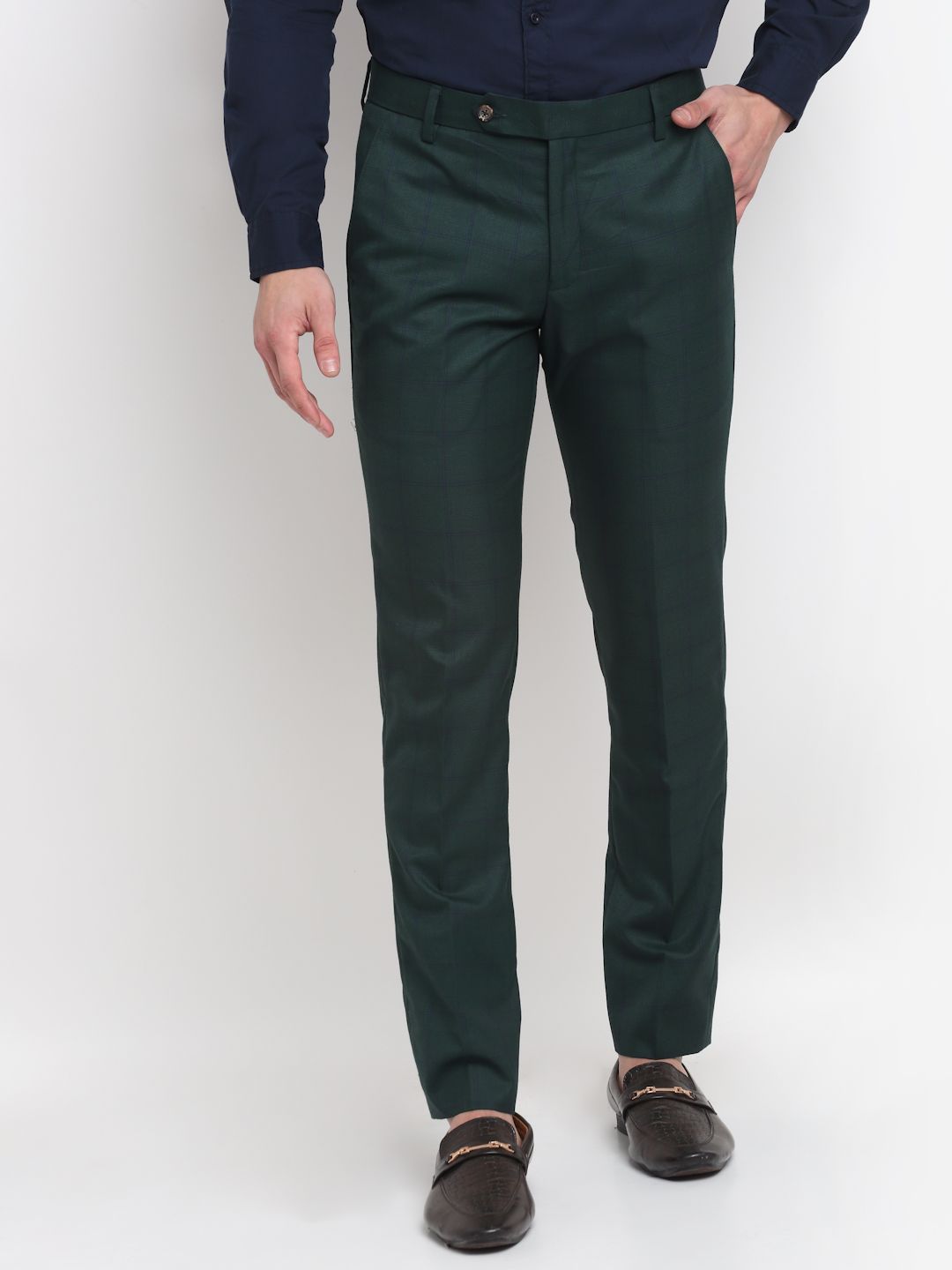 Men green check, slim fit minimalistic formal trousers