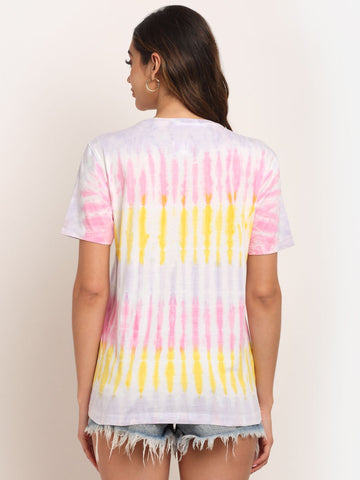 Linear Pattern, Women Combed Cotton Tie dye multicoloured T-Shirt