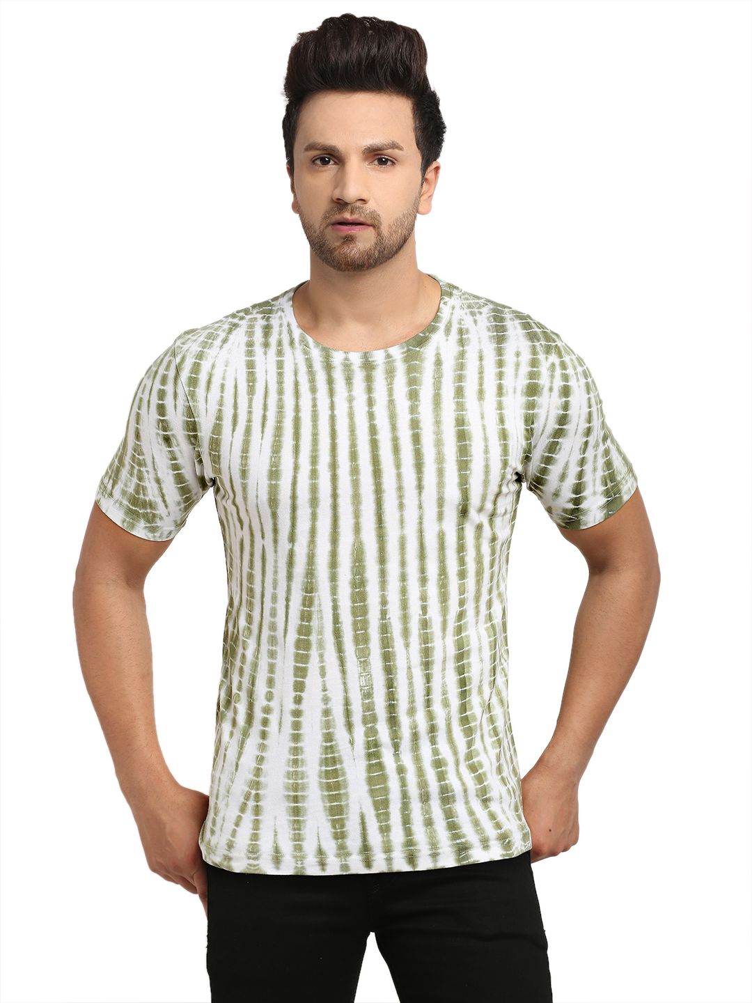 Linear Pattern, Men Combed Cotton Tie & Dye Green T-Shirt