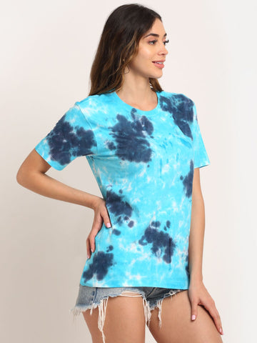 Patchy Pattern, Women Combed Cotton Tie dye blue T-Shirt