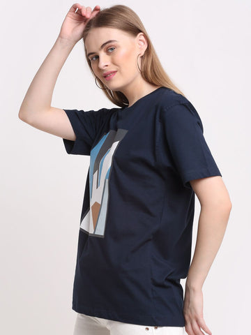 Printed Pattern, Women Combed Cotton Navy blue T-Shirt