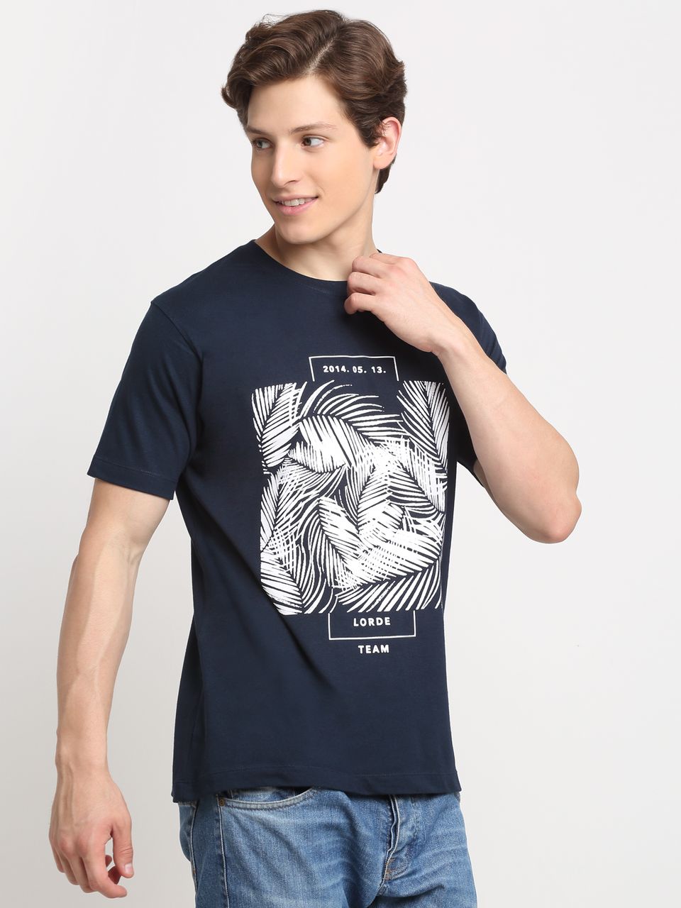 Printed Pattern, Men Combed Cotton Navy Blue T-Shirt