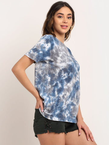 Abstract Pattern, Women Combed Cotton Tie & Dye Blue T-Shirt