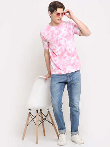 Abstract Pattern, Men Combed Cotton Tie & Dye Pink T-Shirt