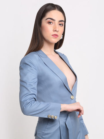 Women Viscose Lycra Solid Blue Blazer