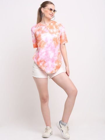 Abstract Pattern, Women Combed Cotton Tie dye Multicoloured T-Shirt