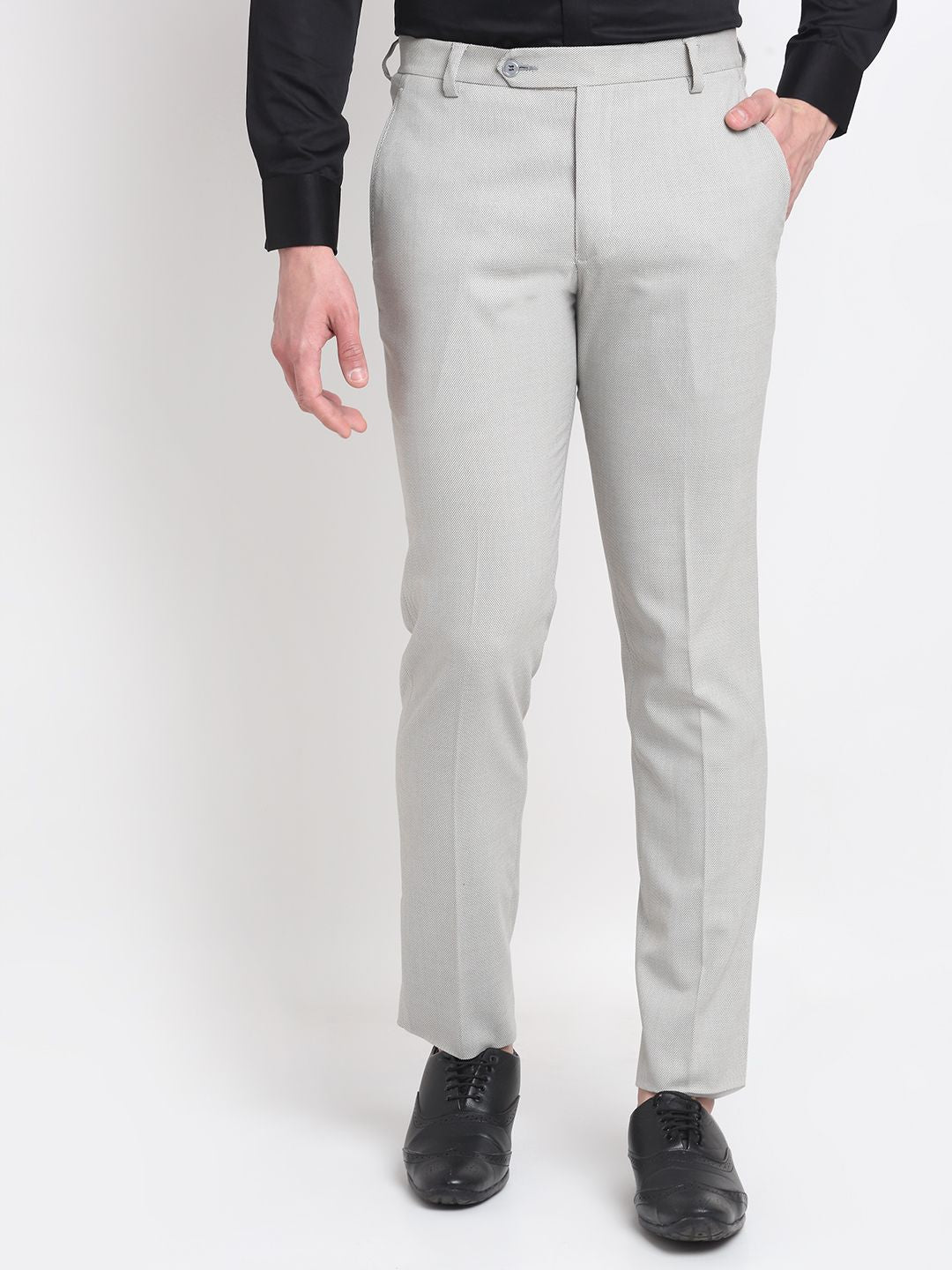 Men beige bird-eye slim fit minimalistic formal trousers