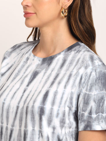 Linear Pattern, Women Combed Cotton Tie & Dye Grey T-Shirt